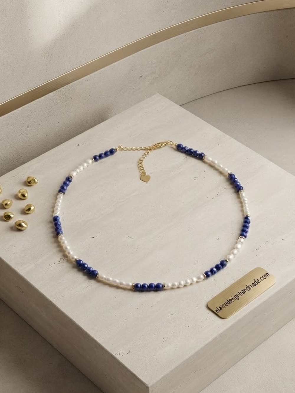 Handcrafted Pearl and Blue Bead Choker Necklace by